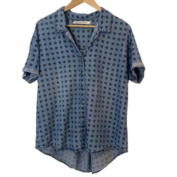 Standard Grace Americana Chambray Top Womens L Blue Star Print Button Down Shirt - Picture 1 of 10